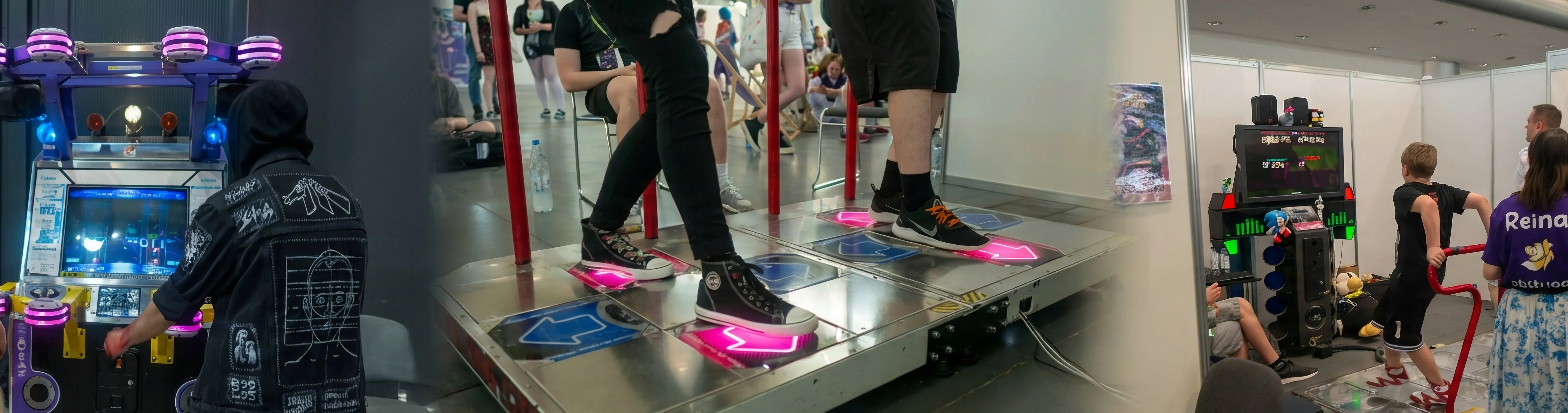 Sala z automatami arcade i grami rytmicznymi wypełniona ludźmi